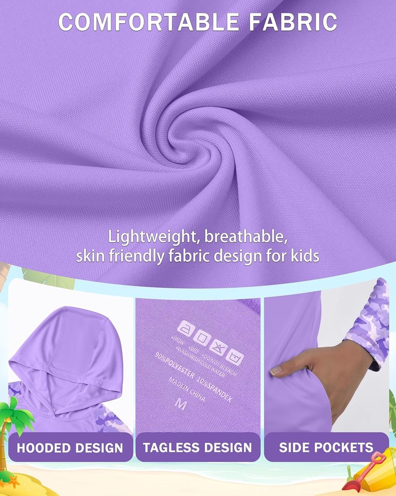 Boys Rash Guard Swim Hoodie - UPF 50+ UV Protection Long Sleeve Fishing Shirt | Kids SPF Water Shirt