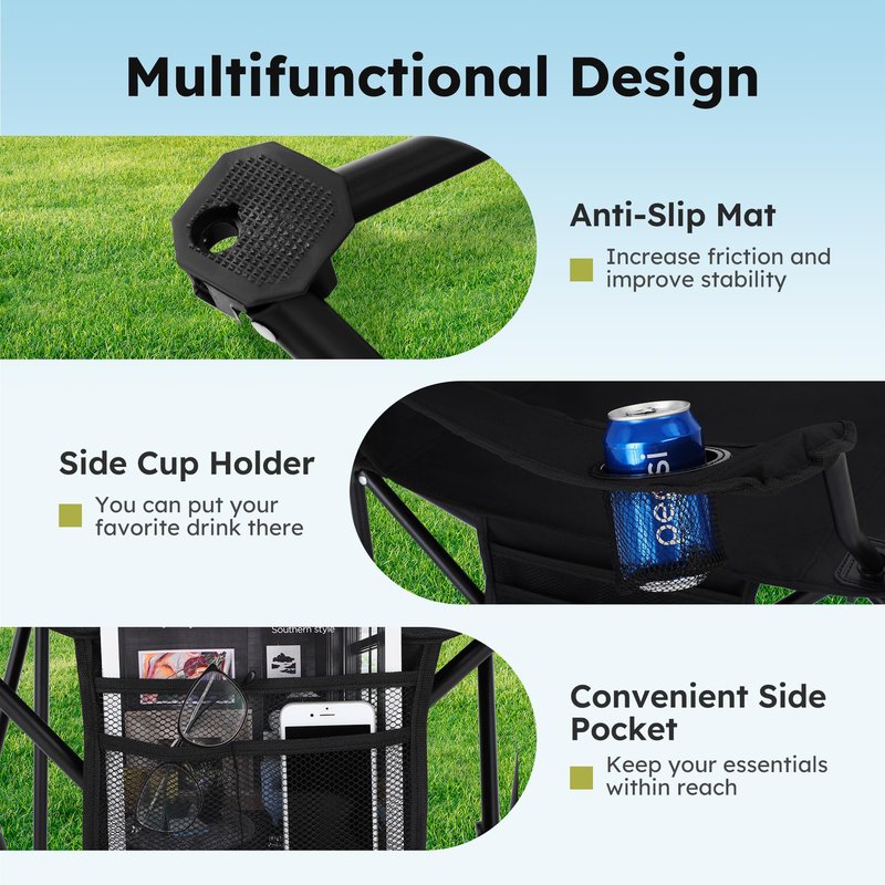 ALPHA CAMP Camping Chairs 250LBS Capacity, Heavy Duty Folding Chair with 4-Can Cooler Bag, Portable Outdoor Chair with Cup Holder for Adults, Collapsible for Tailgating, Beach, Fishing,Black,2PC