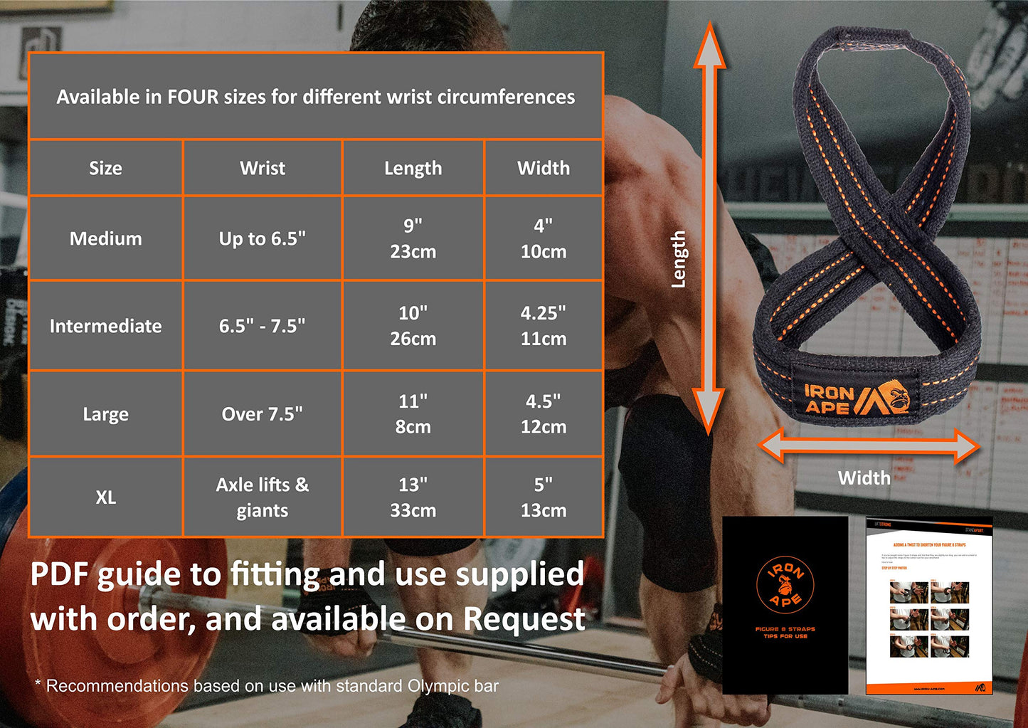 IRON APE Figure 8 Straps for Deadlift, Weight Lifting, Shrugs, and Weightlifting. Heavy Duty Cotton, 4 Sizes (M)