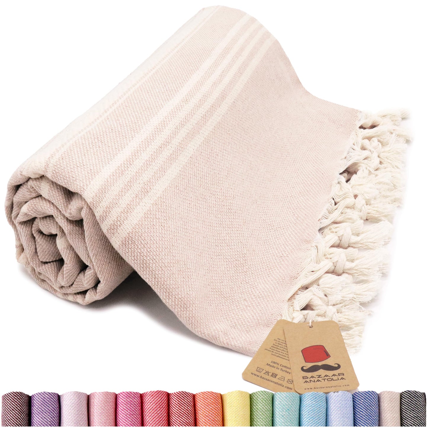 Bazaar Anatolia Turkish Beach Towel, 100% Cotton, 71x39 in, Stripe Beige