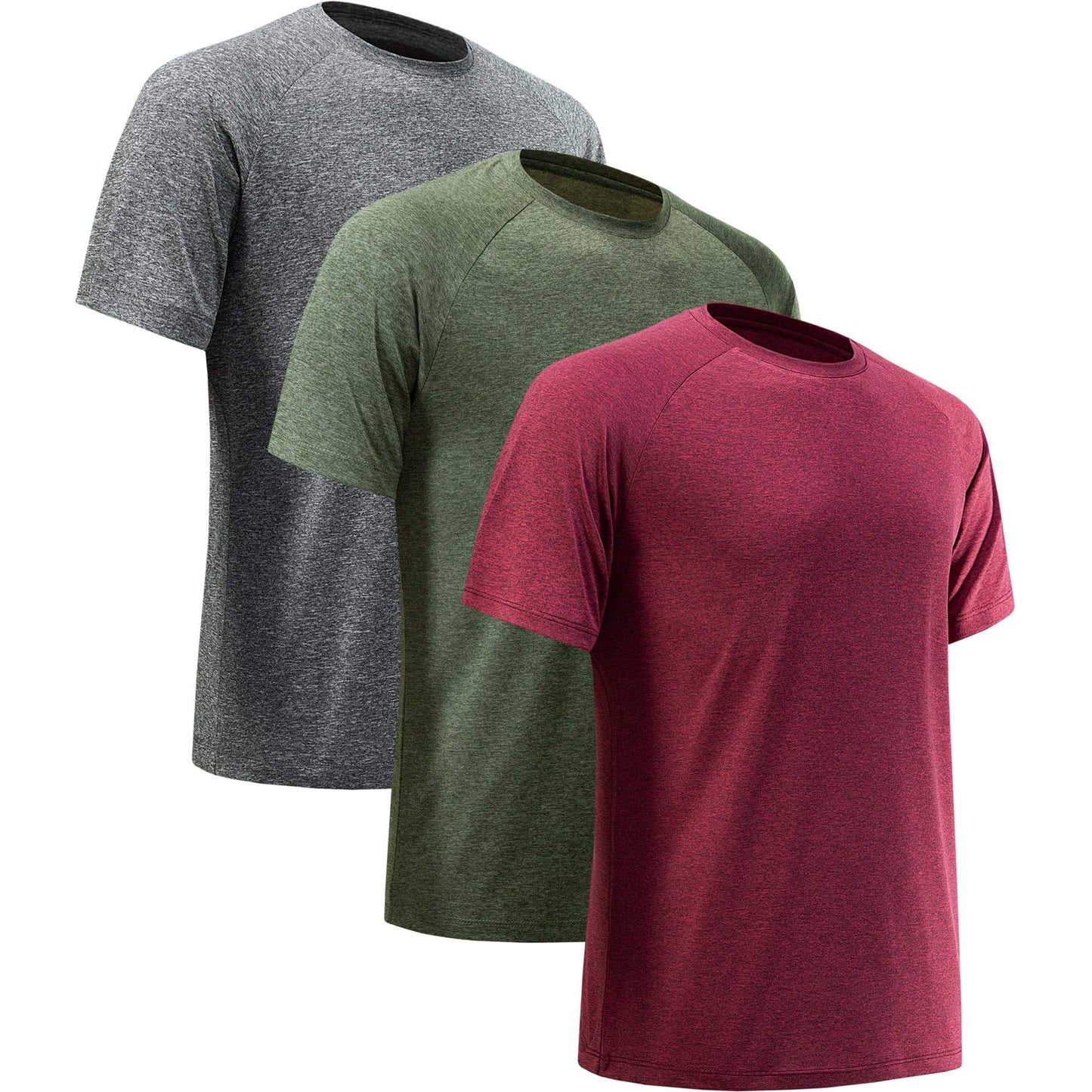 MCPORO Workout Shirts for Men Short Sleeve Quick Dry Athletic Gym Active T Shirt Moisture Wicking 3 Pack Dark Grey, Army Green, Wine Red Medium