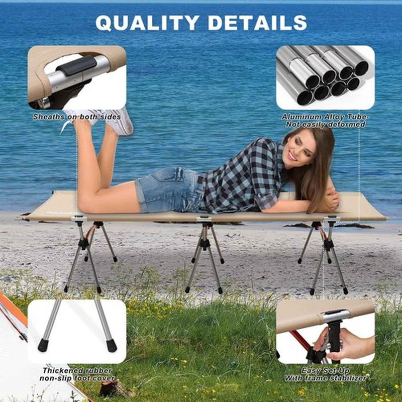 PACOONE 2-in-1 Ultralight Folding Camping Cot with Leg Extenders, Military Camping Cots Bed, Heavy Duty Folding Sleeping Camping Cot for Backpacking Hiking Travel Tent, Support 330 Lbs (Khaki)