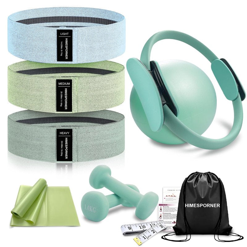 HIMESPORNER Pilates Equipment Kit for Home Workout, Pilates Ring and Ball Set with 2.2lb *2 Dumbbells, Fabric Resistance Bands, Tape Measure, Bag, Pilates Essentials Accessories for Women Yoga