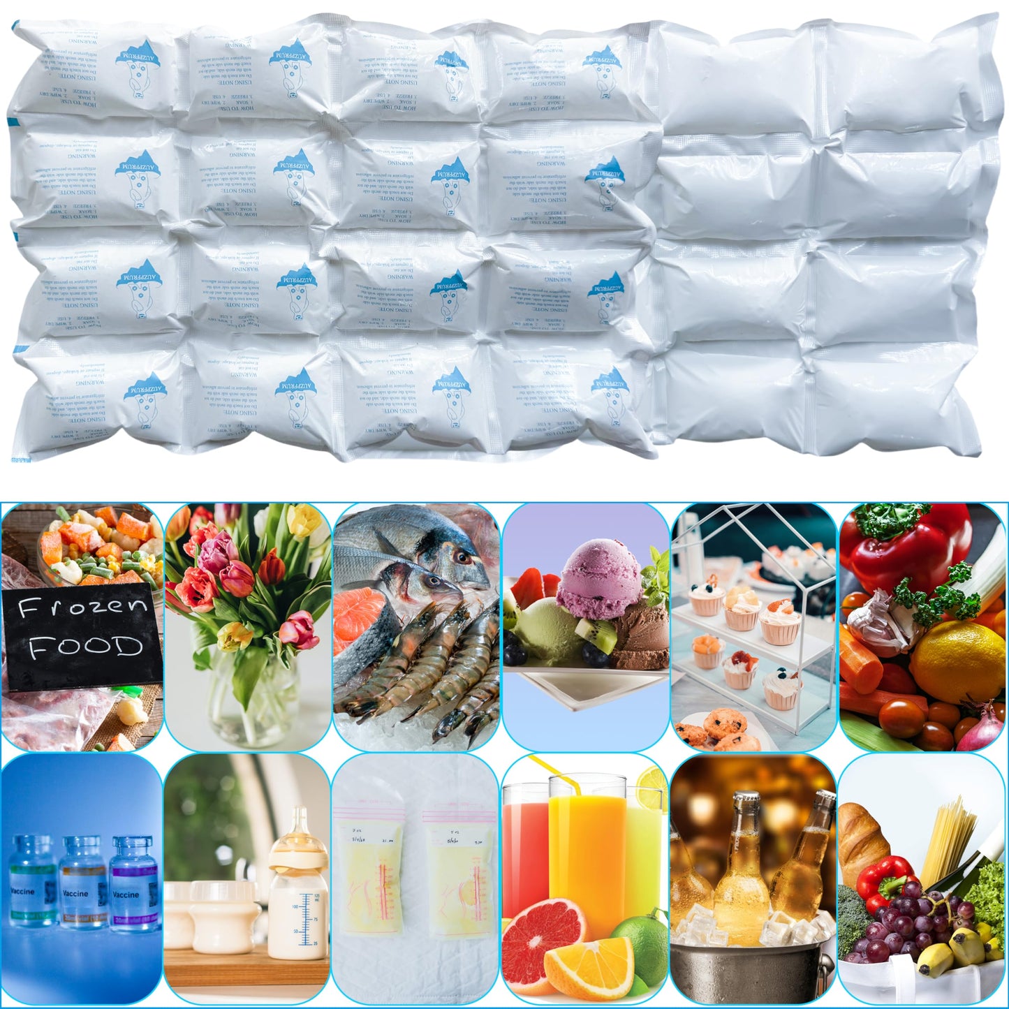 AUZPFRUM Dry Ice Packs for Shipping | 24+ Hour Long Lasting Cold Ice Pack for Coolers | 3 Sheets - 48 Cells | Soak for 25-35 minutes - Expand - Dry - Use after Frozen | Reusable Freezer Block for Food