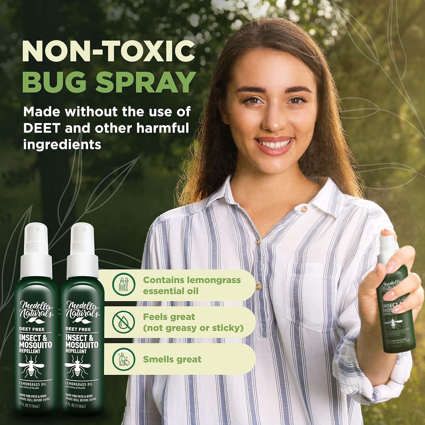 Deet-Free Insect & Mosquito Repellent | Natural Lemongrass Oil Spray - Safe for Kids & Pets, 4 oz (Pack of 2)