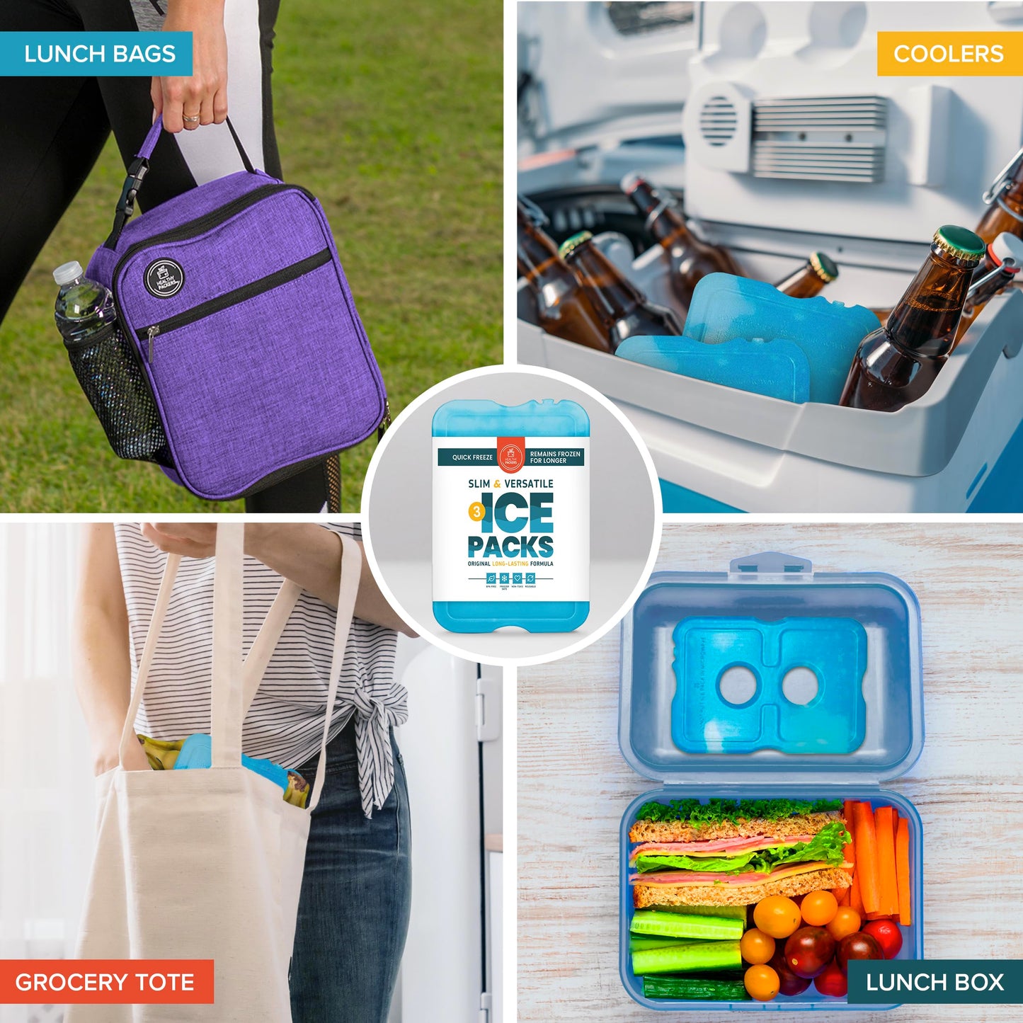 Healthy Packers Ice Packs for Lunch Bags - Original Cool Pack | Slim & Long-Lasting Reusable Ice Pack for Lunch Box, Lunch Bag and Cooler | Freezer Packs for Coolers (3 Pack)