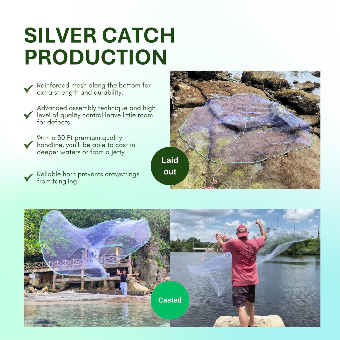 Silver Catch Cast Nets 5ft Radius|1/2 Inch Mesh for Fishing with Chain Bottom, Salt Water Casting Fishing Net Gear, Easy Throw Nets Fishing Bait in 4.5ft-10ft Radius|3/8",1/2",1" Mesh - Elite Series