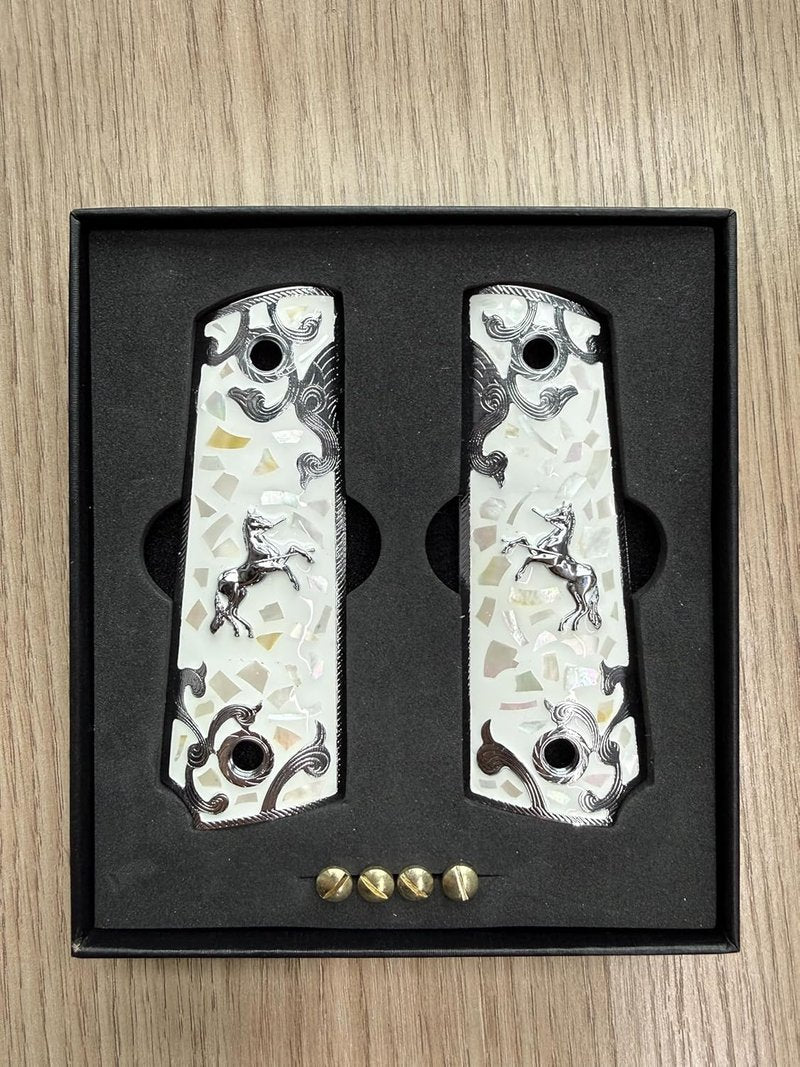 Full Size 1911 Grips - Pearl Resin with Metal Horse & Mexican Tricolor Flag Design | Durable and Stylish