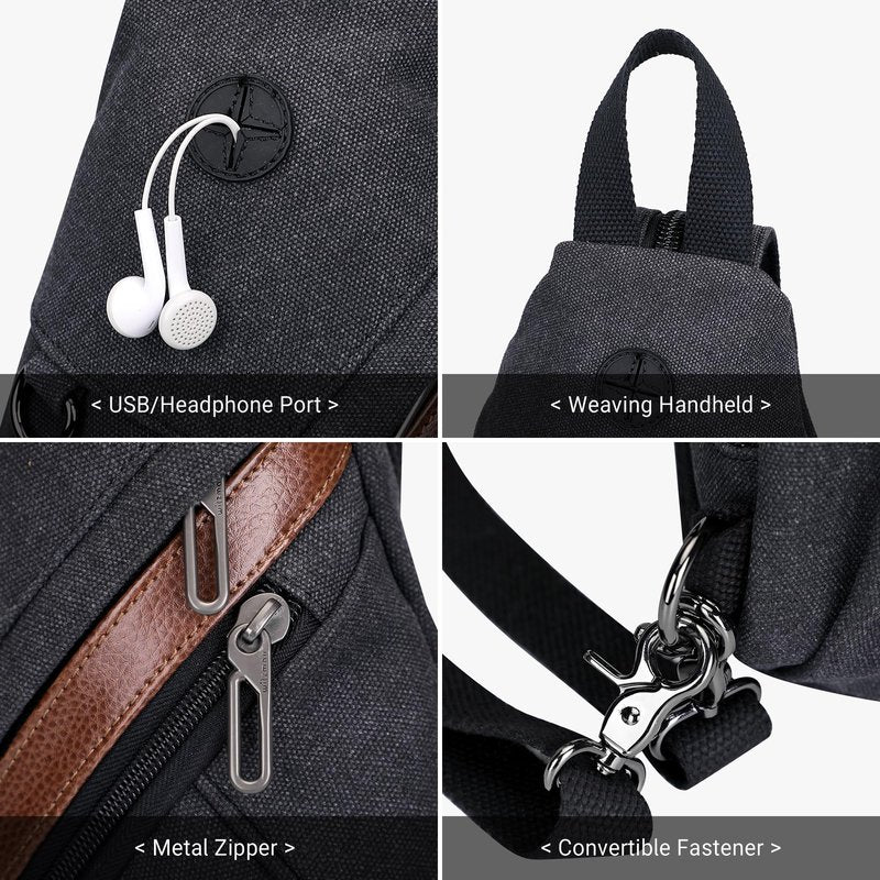 WITZMAN Canvas Sling Bag for Men Women Convertible Sling Backpack Crossbody Vintage Chest Bag Travel Casual Daypack（A8003 Black）