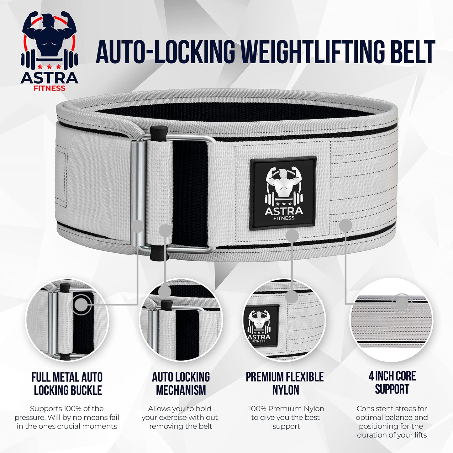 Astra Fitness - Auto-Locking Weight Lifting Belt - Adjustable Nylon Gym Workout Belts for Men and Women Deadlifting, Squatting, Workout Belt