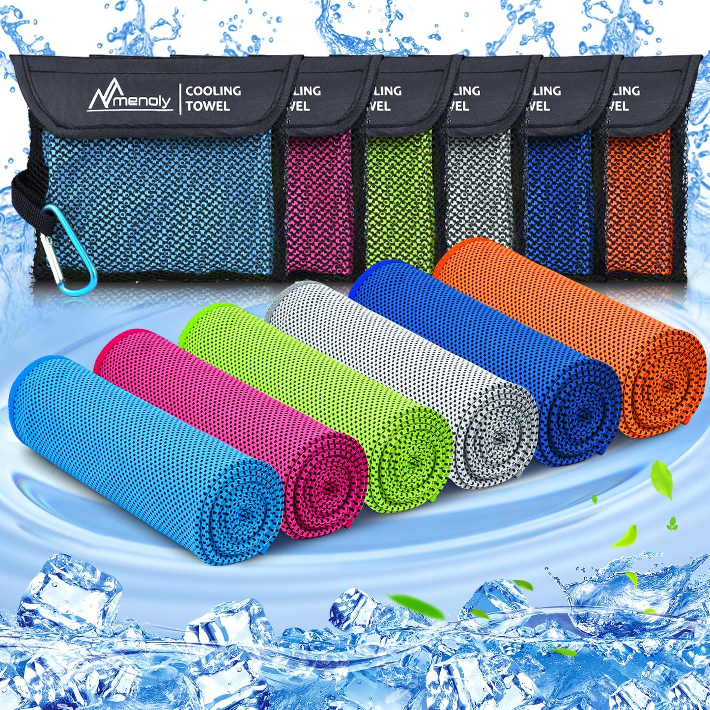 MENOLY 6 Pack Cooling Towels with Unique Carrying Bags, 40"x12" Cooling Towels for Neck and Face, Instant Gym Towels, Workout Towels for Sports, Sweat, Yoga, Traving, Hiking, Camping, Running, Fitness