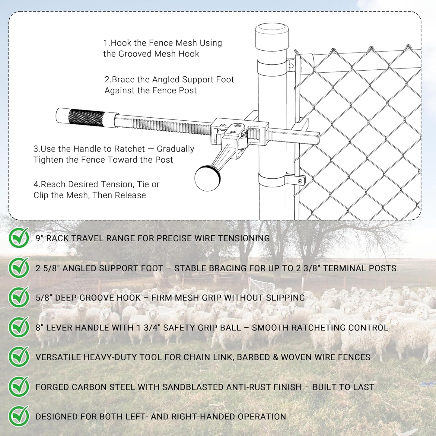 Heavy-Duty Chain Link Fence Stretcher Tool - One-Person Operation for Easy Installation & Repair | 9" Ratchet Range