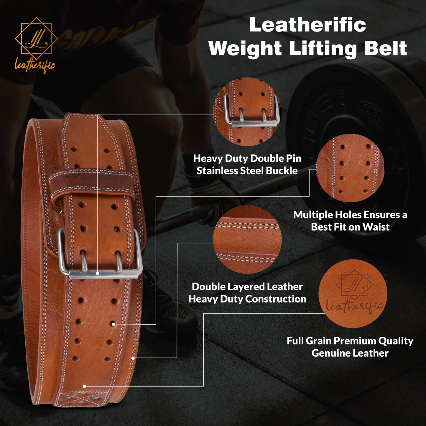 Leatherific | Genuine Leather Weight Lifting Belt | 8 mm Thick, 4" Wide | Heavy duty, Padded, Steel Buckle | For Bodybuilding, Cross Training, Weight Training, Lumbar Support (XL(Fits 40"-45"), Pecan