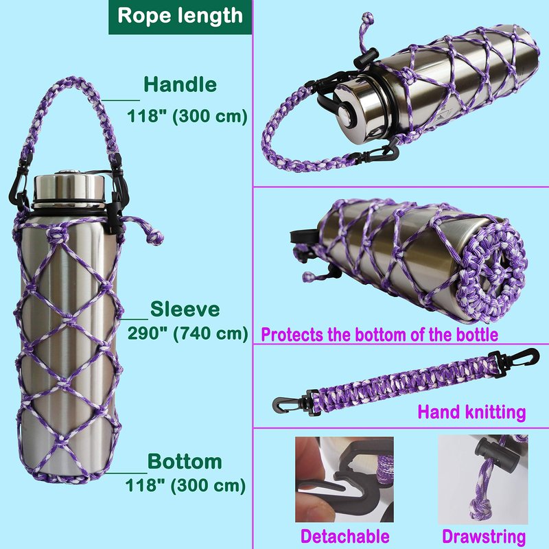 VSPORTS Paracord Water Bottle Trumble Carrier Sleeve Mesh Net Pouch Bag Sling with Handle for Carrying 18 24 32 40 oz Hydro Flask Stainless Steel Plastic Tumbler for Hiking Outdoor Sports - 2 Pack