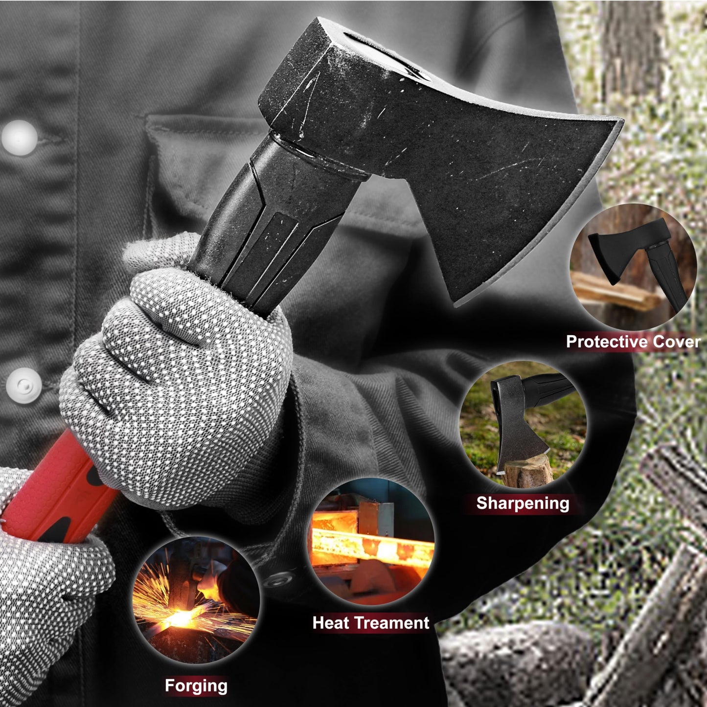 P.I.T. 15" Hatchet Axe, Camping Outdoor Hatchet for Wood Splitting and Chopping, Forged Steel Blade with Sheath,Shock Absorbing Fiberglass Anti-Slip Handle, Multi-Use Axe