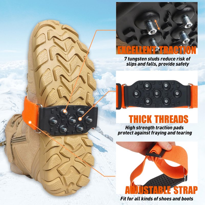 Ice Cleats Mid-Sole Snow Traction Cleats for Walking on Snow and Ice Anti-Slip Crampon with Adjustable Straps 7 Tungsten Studs for Secure Grip Anti Slip Crampons for Walking Jogging Hiking