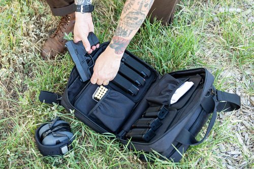 TUVALOR Gun Range Bag for 2 Pistols & Ammo - Spacious Design, with Two Handgun Pockets, Six Magazine Holders, Large Front Pocket and Padded Strap - Gun Bag with 3 Gun Cleaning Towels