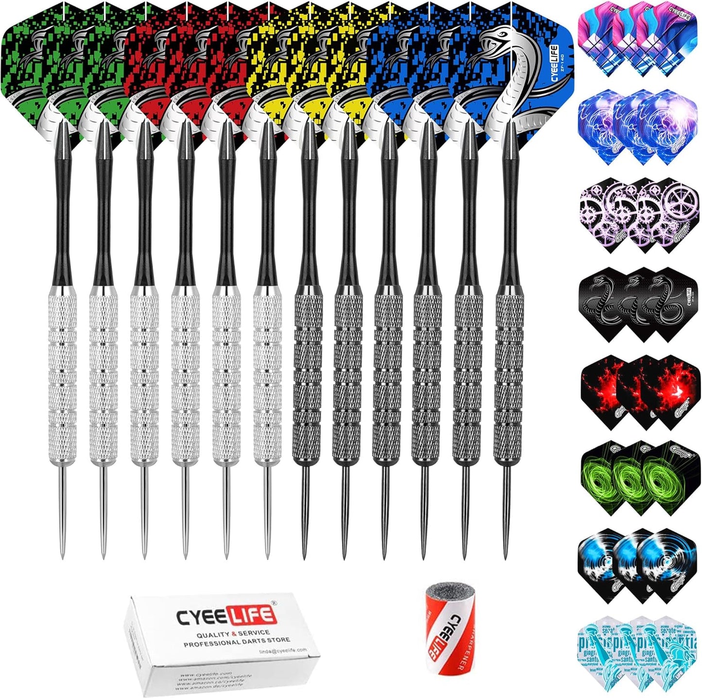 Steel Tip Darts Set - Complete Set with Shafts, Protectors, Extra Flights & Sharpener | Perfect for Game Night