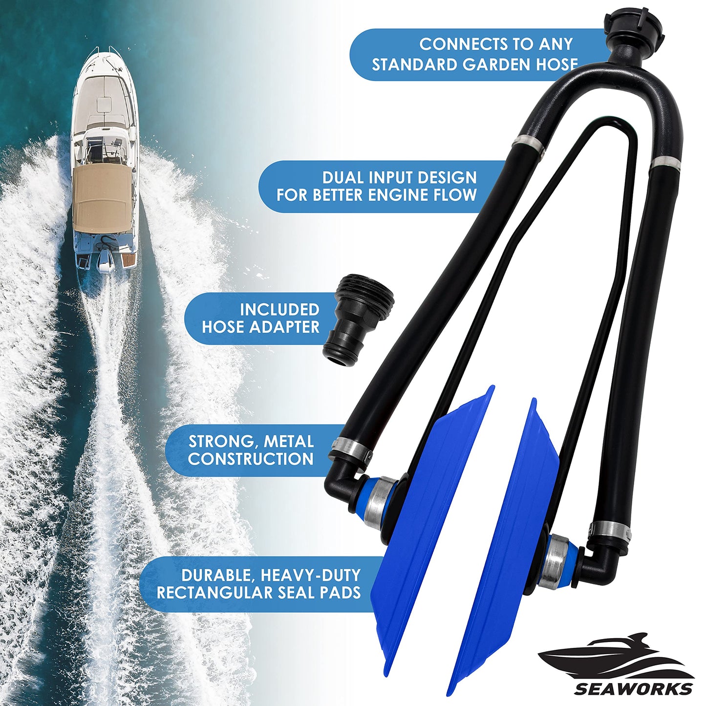 Seaworks Dual Feed Muff Style Boat Motor Flusher | Use for Antifreeze Winterization or Common Water Flush | 5/8 Inch Standard Garden Hose Connection