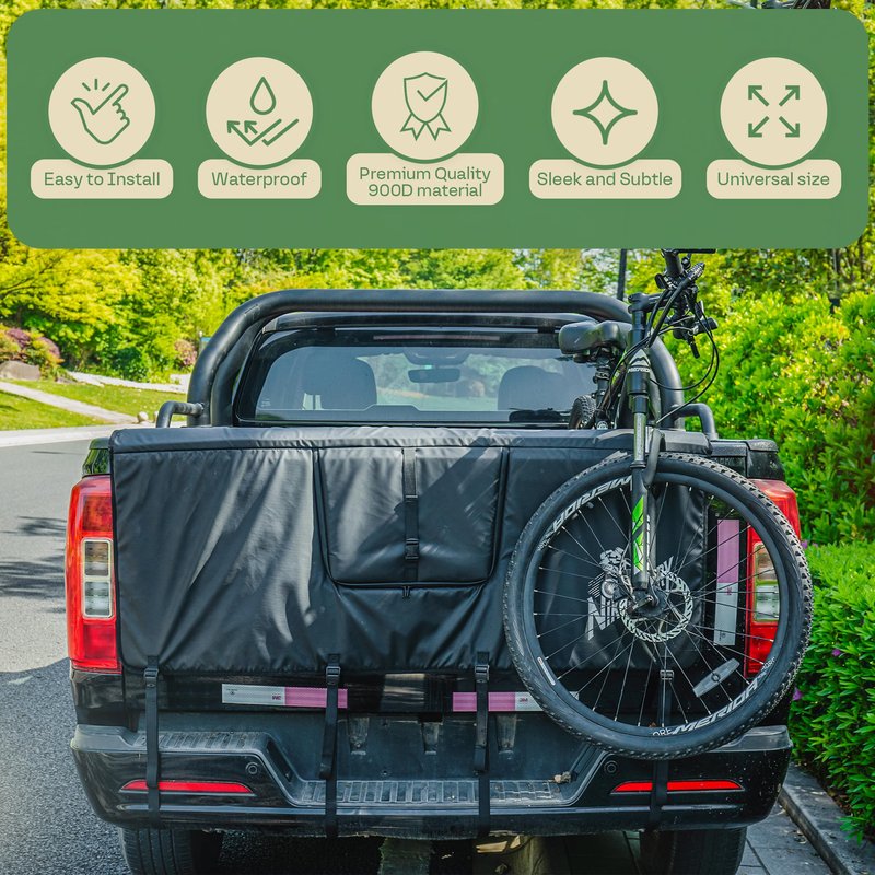 Tailgate Pad for Mountain Bikes & E-Bikes – Holds 5 Bikes, Heavy Duty Waterproof Truck Tailgate Bike Pad with Case, Storage Pockets & Camera Access Window – Fits Most Pickup Trucks | NIKLEBERRY