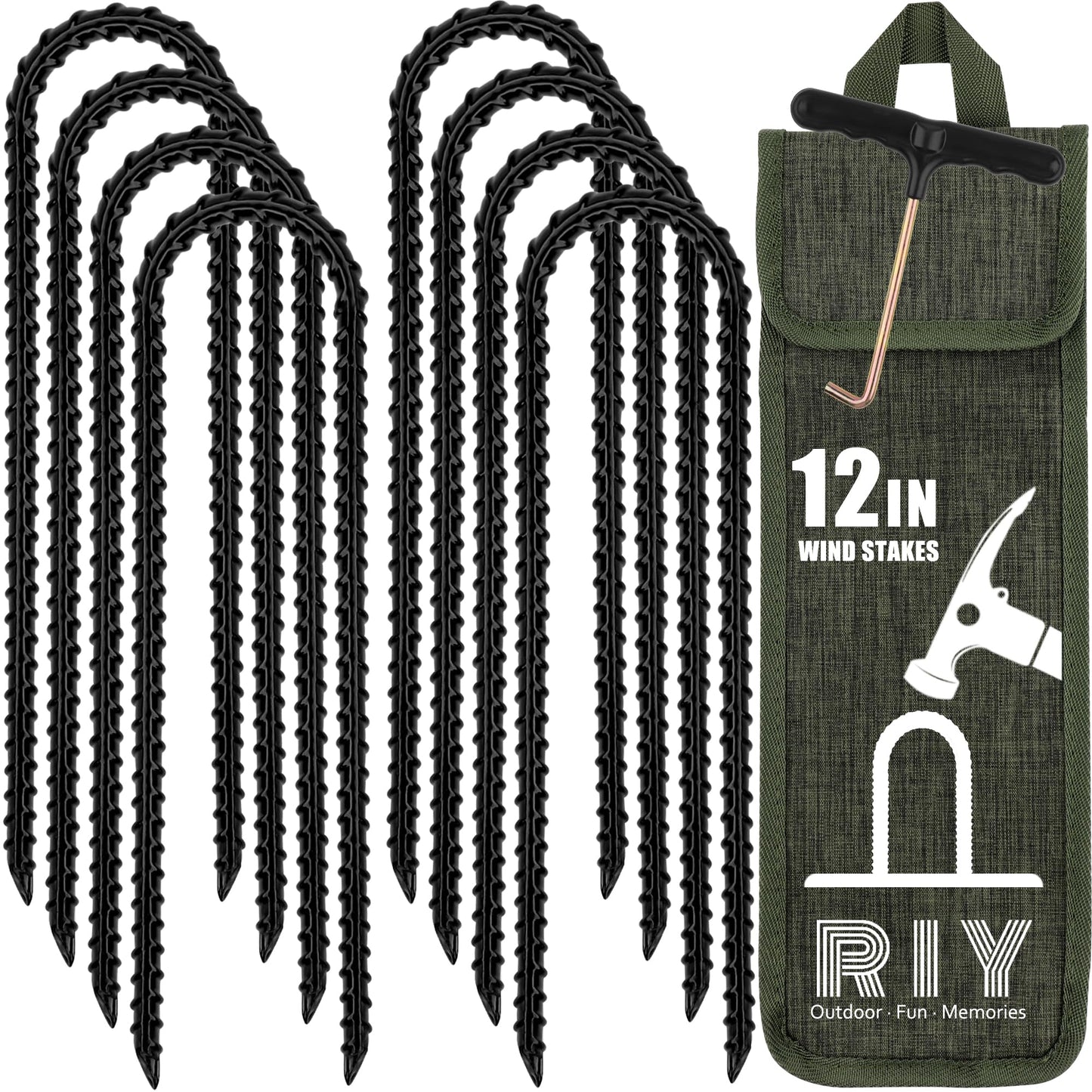 RIY Trampoline Stakes Anchors High Wind 12'' Ground Anchor Heavy Duty Tent Stakes Swing Set Anchors Trampoline Accessories with T Hook - Black 8pcs