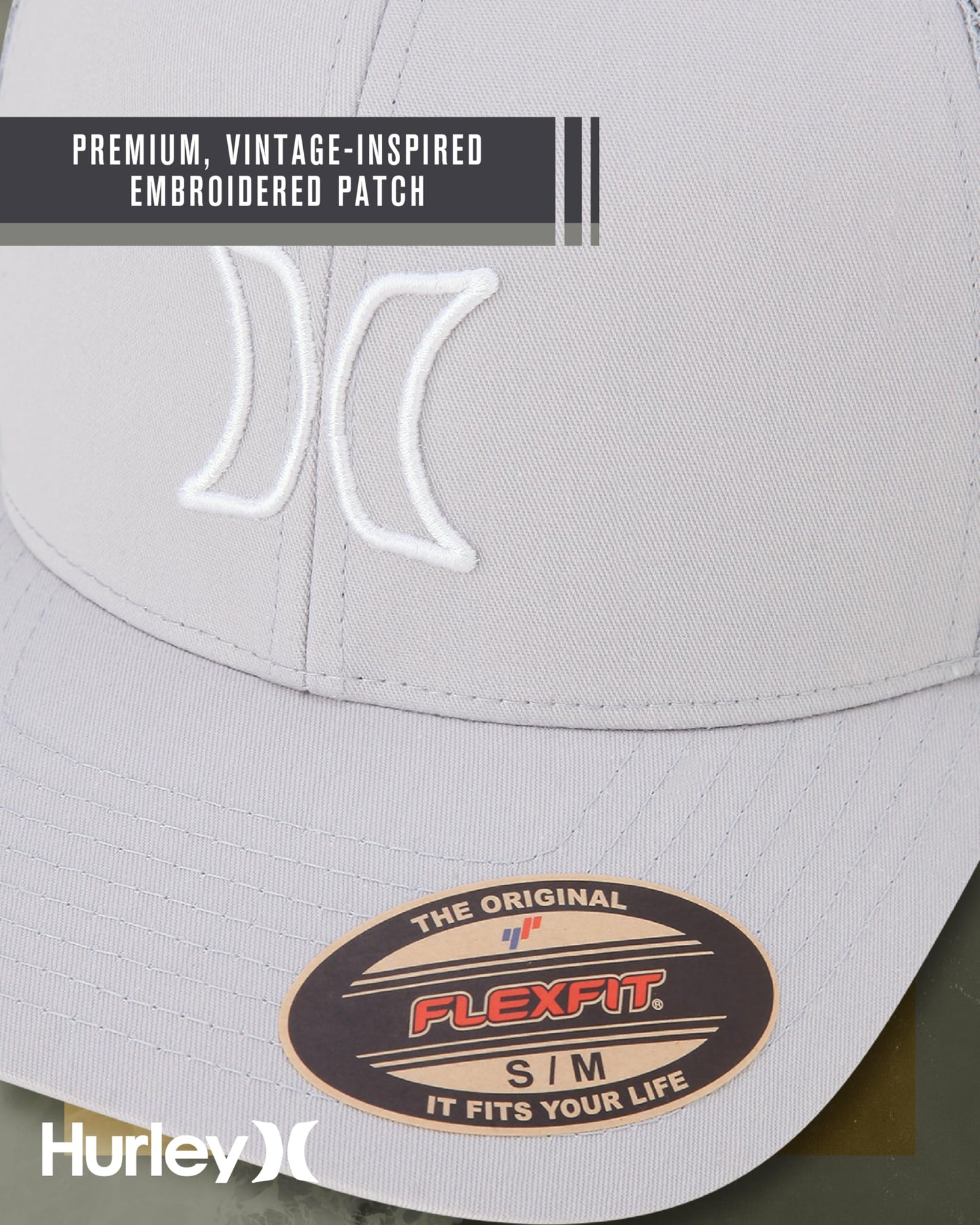 Hurley Mens Trucker Hat - Lightweight Breathable Stretch Mesh Back Curved Bill Baseball Cap with 3D Front Icon Logo, Size Large-X-Large, Light Grey