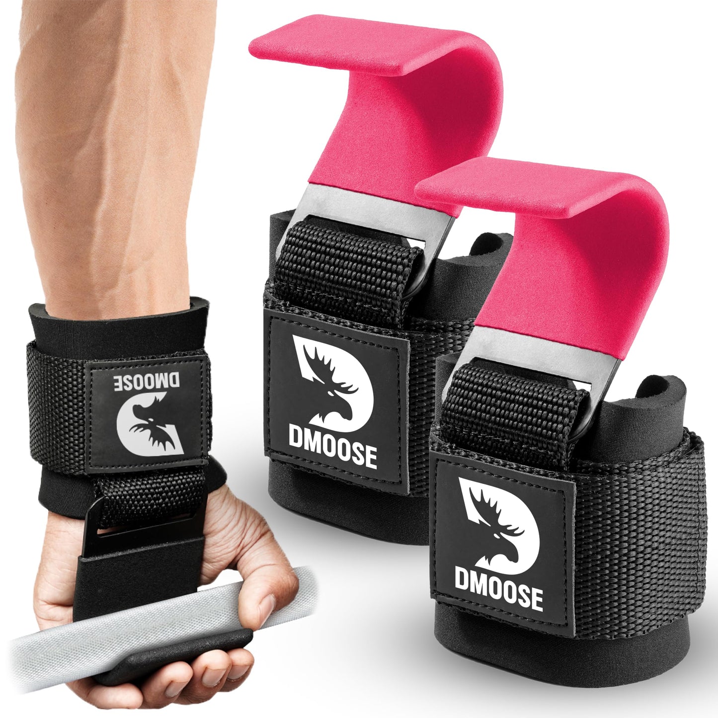 DMoose Fitness Weightlifting Hooks (Pair), Non-Slip Grip with 500 Lbs Capacity, 8mm Thick Wrist Padding - Weight Grips for Shrugs, Rows & Deadlifts - Gym Workout Straps with Pull Up Hooks (Pink)