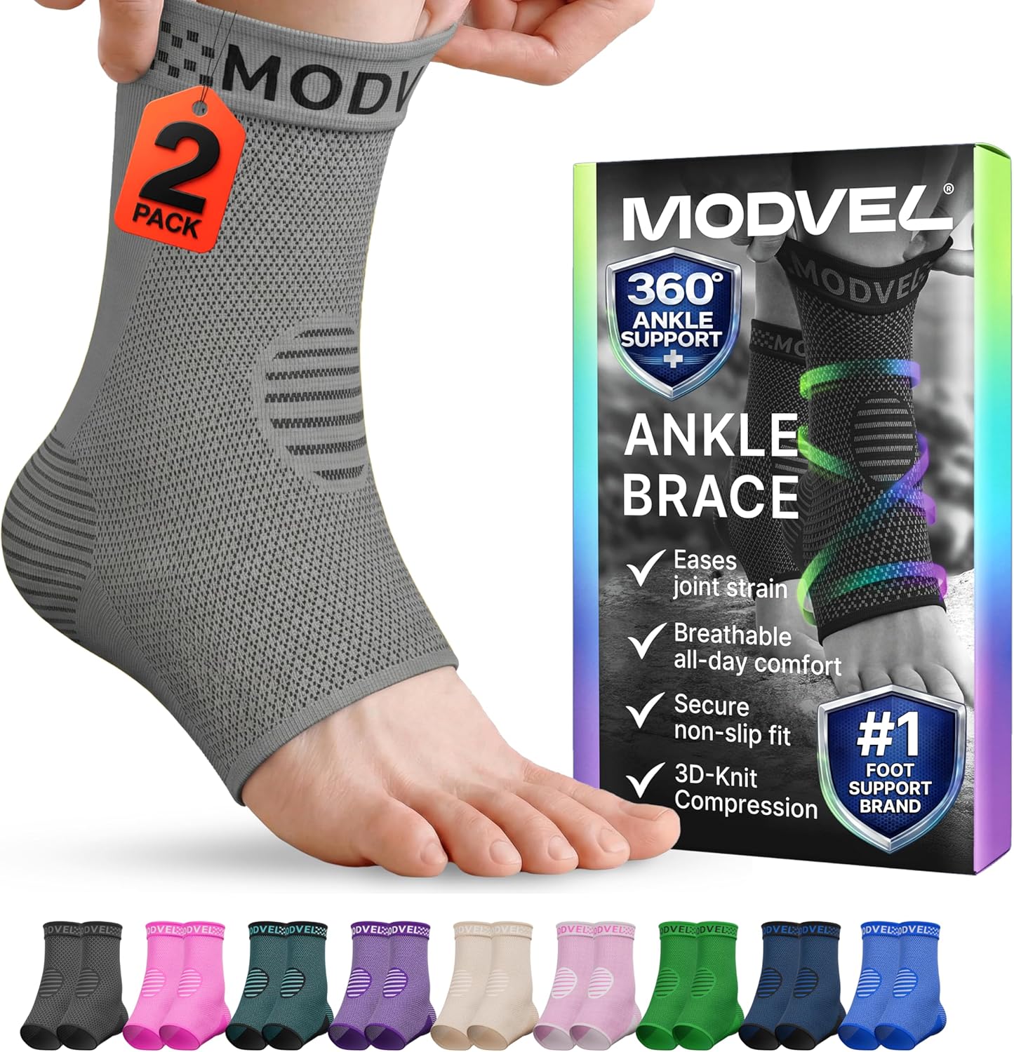Modvel Ankle Brace Compression Sleeve - Foot & Ankle Support Socks for Sprains, Tendonitis & Arthritis | Unisex Design