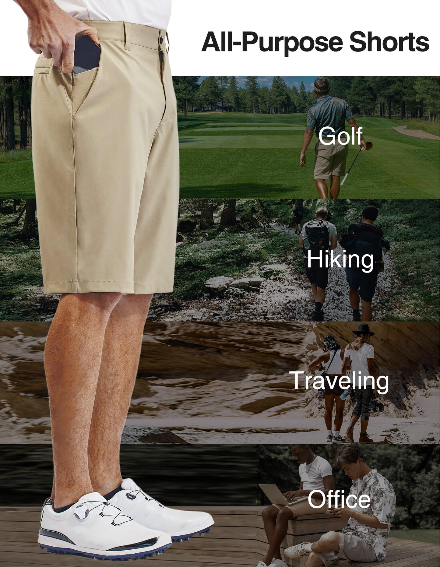 PULI Golf Dress Shorts Men 12'' Inseam Lightweight Flat Front with Pockets