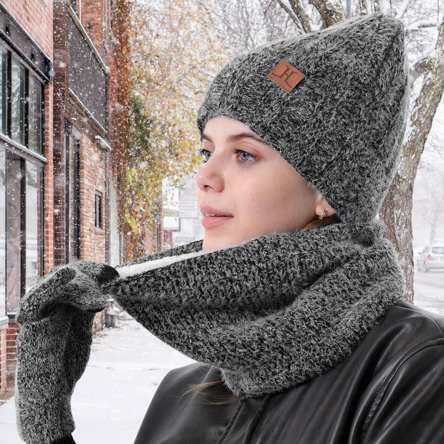 Winter Beanie Hat Scarf Gloves Set for Women Fleece Lined Beanie Knit Neck Warmer Touchscreen Gloves Cold Weather Warm Set