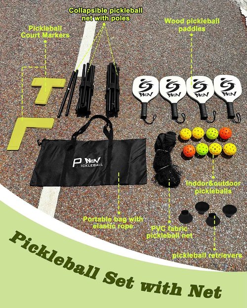 NQV Half Court Pickleball Net Set - 10FT Net+4 Wood Paddles+8 Balls+4 Ball Retrievers+1 Court Marking Kit+1 Bag, Pickleball Kit for Driveway Adults Beginners Pros