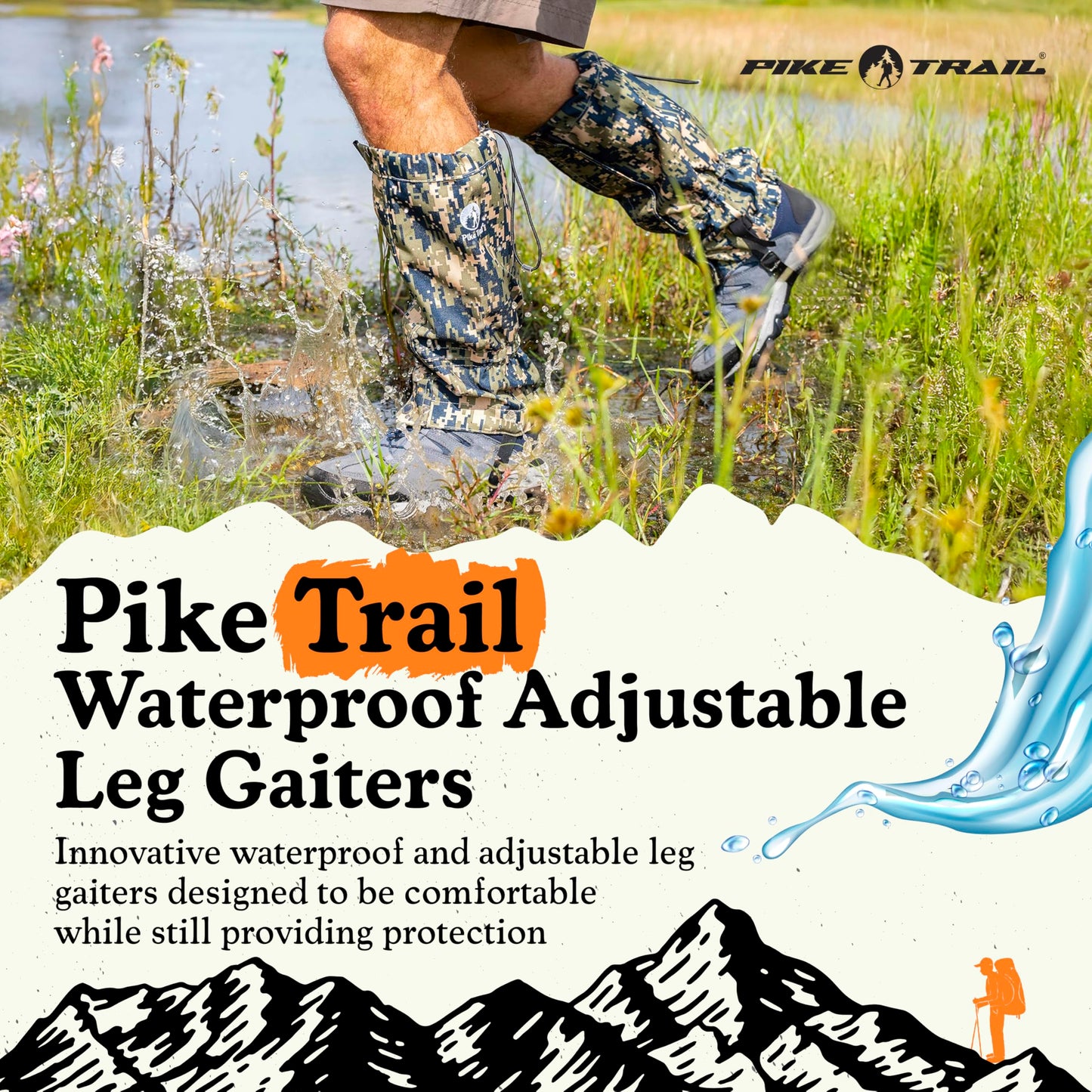 Pike Trail Adjustable Leg Gaiters - Lightweight, Waterproof - Leg Guards for Men & Women - Hiking Essentials Ideal for Hunting, Trekking & Fishing - Black - 1 Pair
