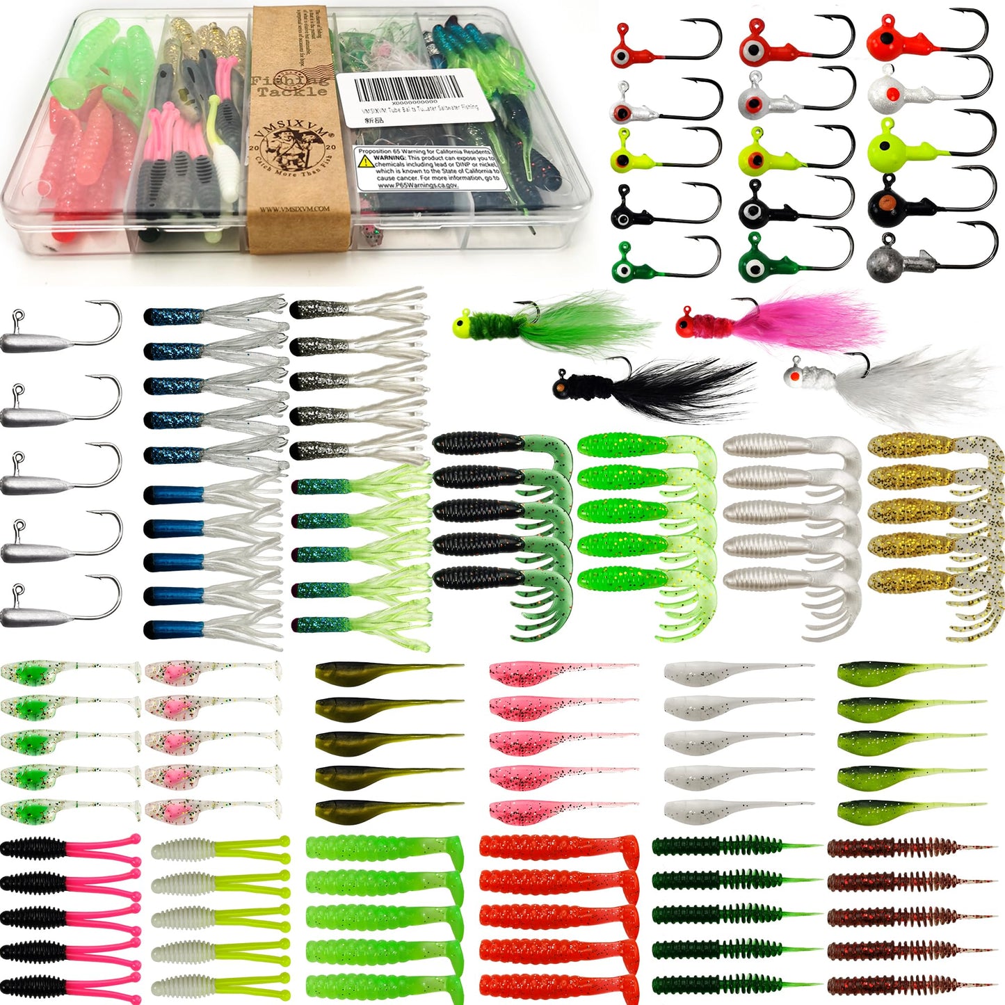 VMSIXVM Crappie Lures Tube Lures Jigs Heads Worms Swimbaits Kit, 165, 124, 50 Pcs Pre-Rigged Crappie Jigs Tube Hooks Soft Plastic Grub Worms Baits for Bass Trout Freshwater Saltwater Fishing