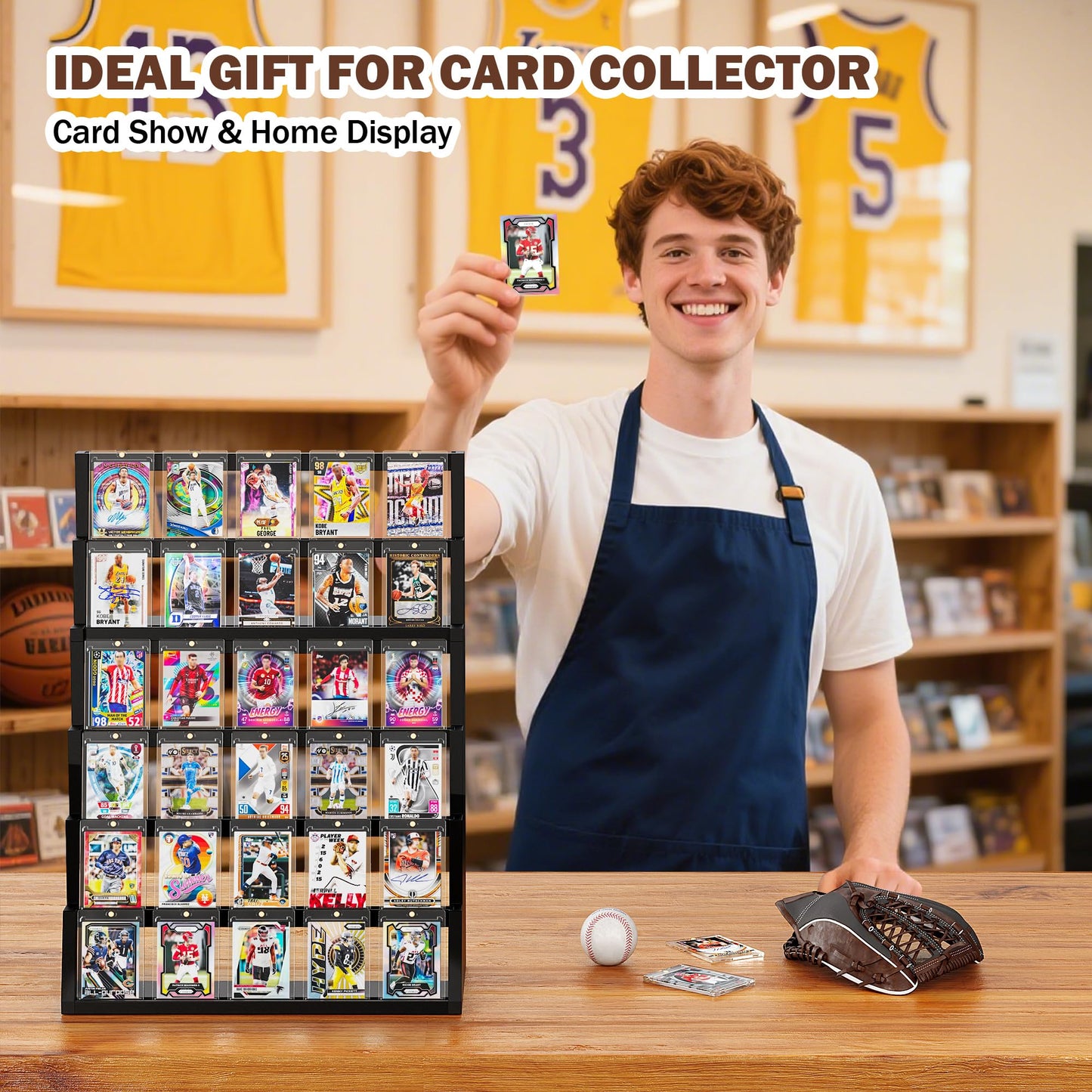 Emfogo Card Display Stand, 6-Tier Trading Card Display, Wood Detachable Graded Card Display with Top Storage, High Capacity Trading Card Display Stand for Collection & Show (Black)