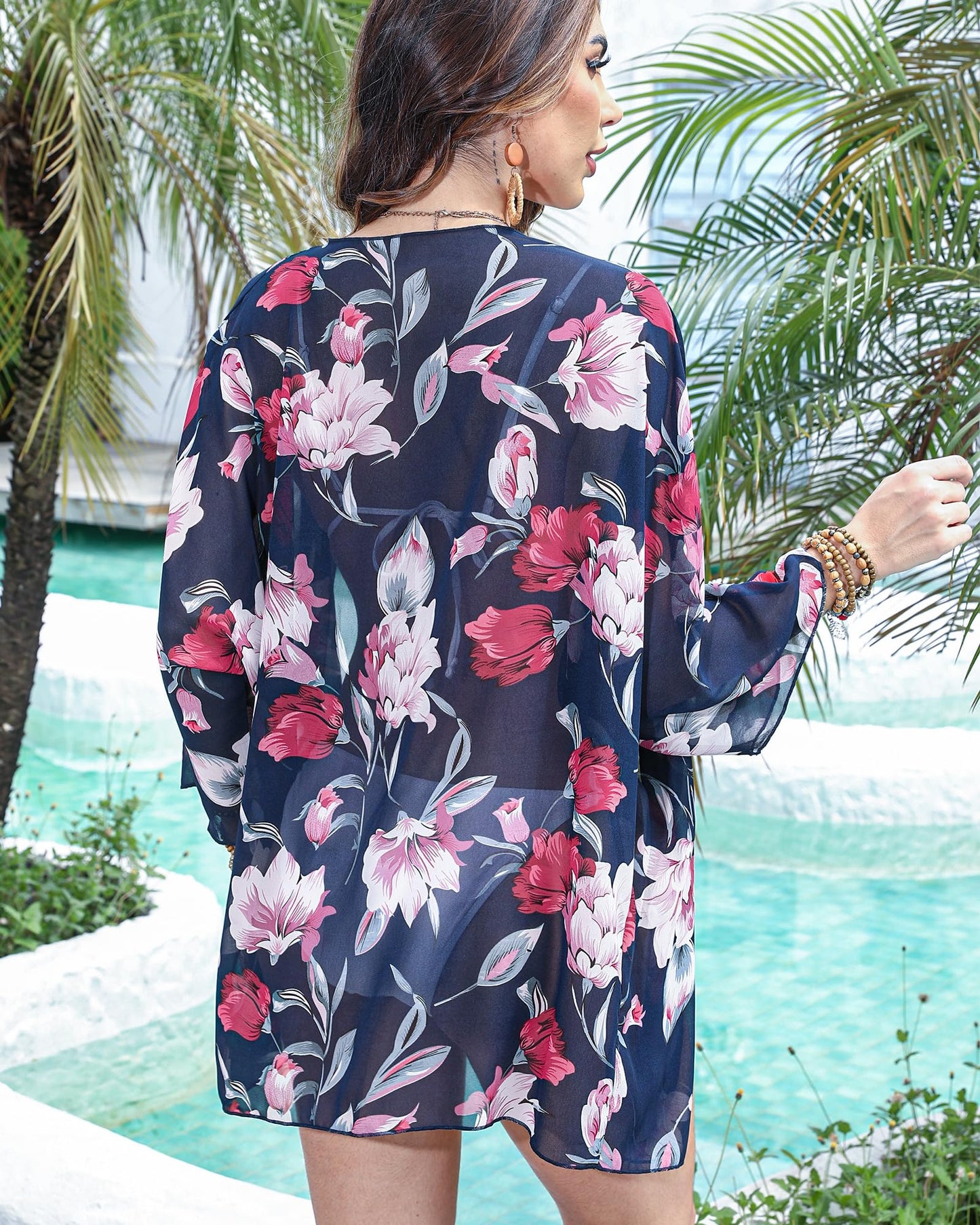 Argstar Women's Kimono Cardigans - Navy Blue Floral Print L