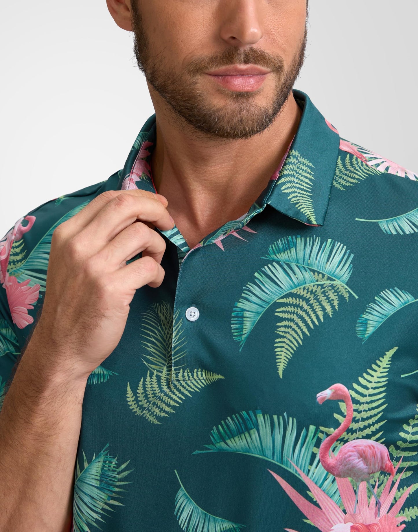Obla Mens Golf Polo Shirts Short Sleeve Dry Fit Performance Moisture Wicking Casual Print Collared Golf Shirts for Men(Green Flamingo_S)