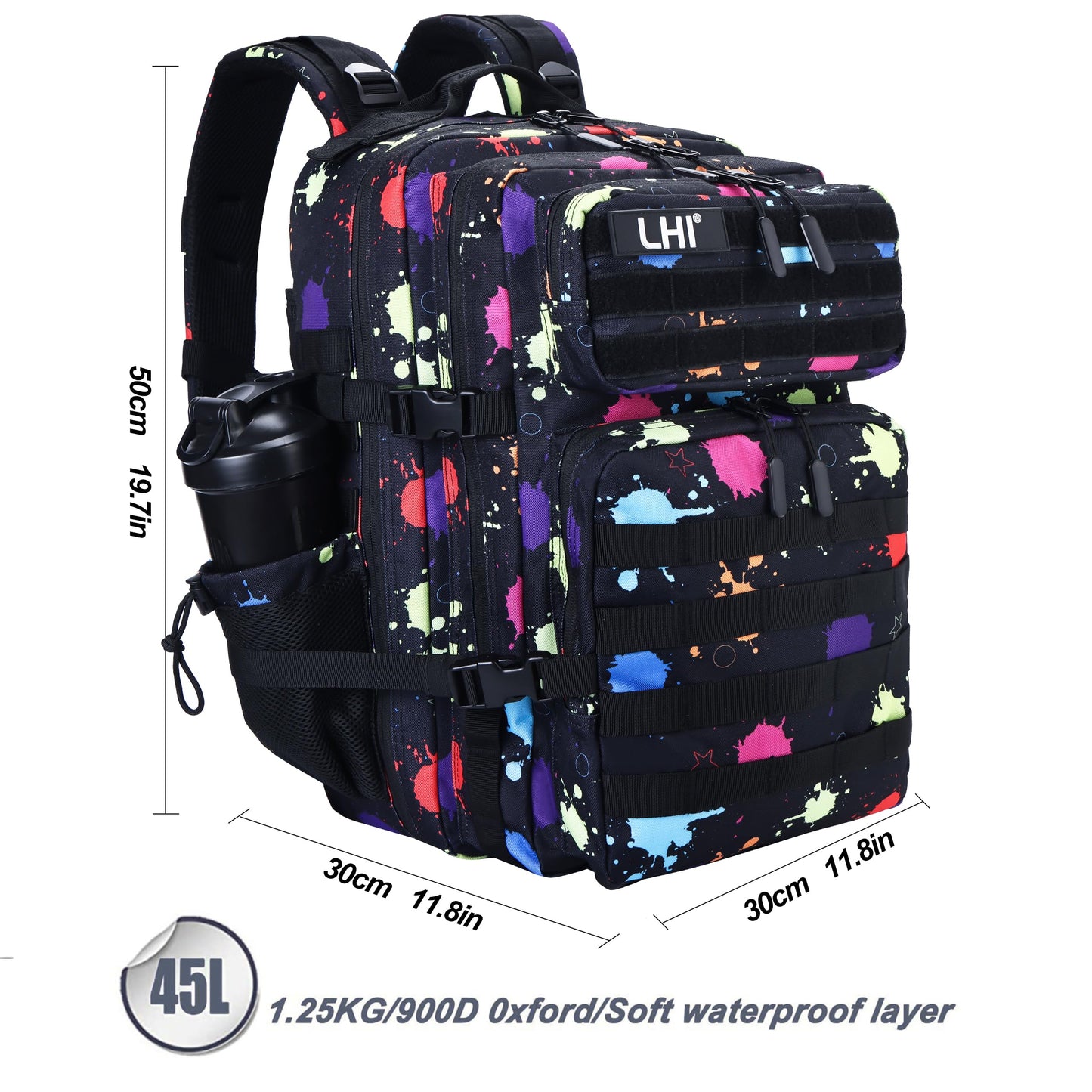 LHI Military Tactical Backpack for Men and Women 45L Army 3 Days Assault Pack Bag Large Rucksack with Molle System - Fluorescent Tie Dye