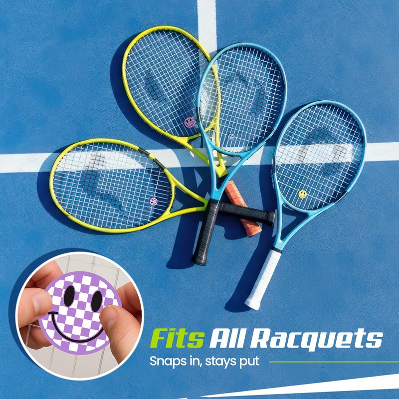 Tennis Racket Dampener - Checkered Purple Smiley Face Designs - Vibration & Noise-Reducing Preppy Tennis Shock Absorber for Racquets - Secure, Easy-Install Accessories for Players of All Levels