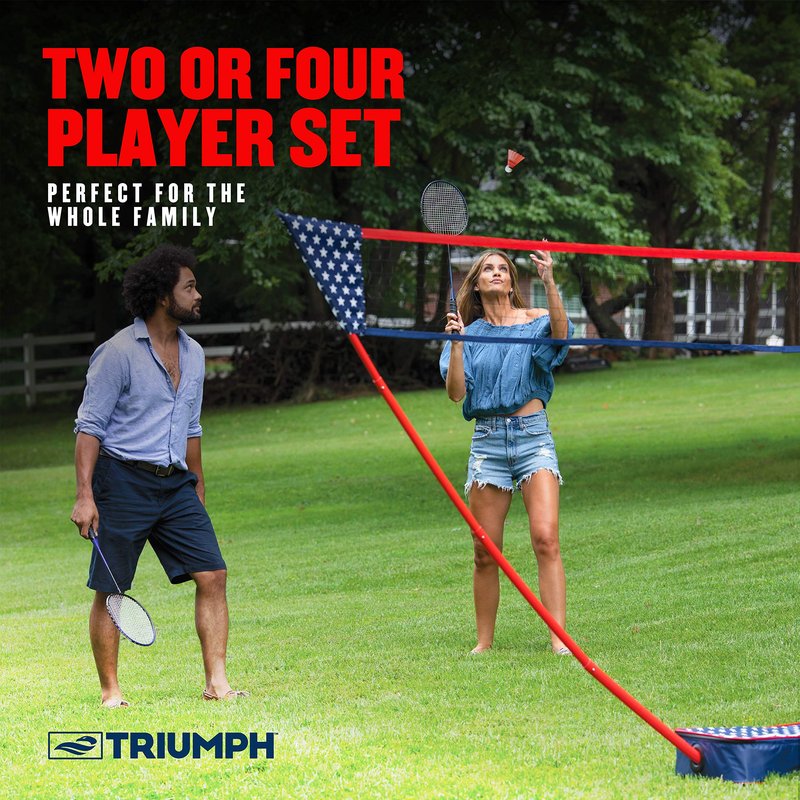 Triumph Patriotic Portable Badminton Set with Freestanding Net, 4 Rackets, 2 Shuttlecocks, and Carry Case – All-in-One Outdoor Game for Backyard, Beach, Camping, and Family Fun