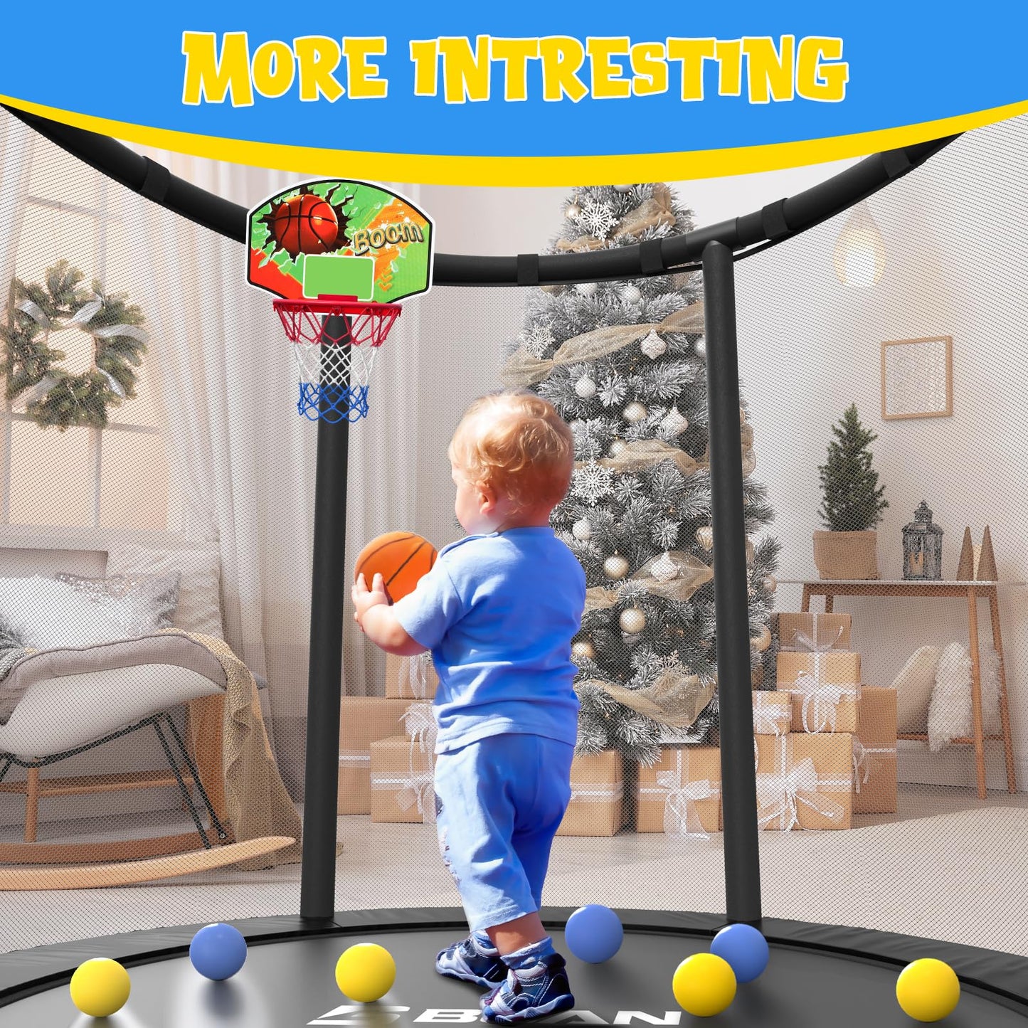 BCAN 55" Trampoline for Kids with Thickened Enclosure Net, Toddler Trampoline Indoor/Outdoor with Adjustable Gymnastics Bars & Basketball Hoop,Gifts for Boys & Girls Ages 1 to 8
