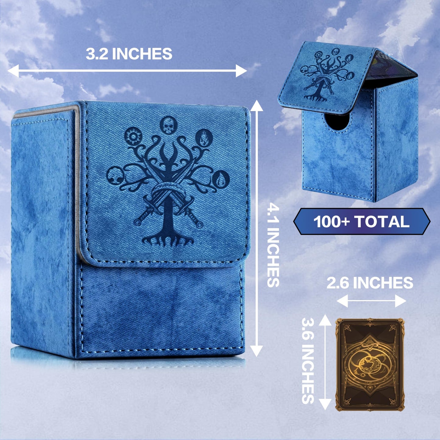 PROMAXIBINDER MTG Commander Deck Box, Fits 100+ Single Sleeved Cards, Strong Magnet Magic Gathering Deck Box, PU Leather Trading Card Storage Box for TCG, CCG, MTG Cards (Navy Blue, Tree)