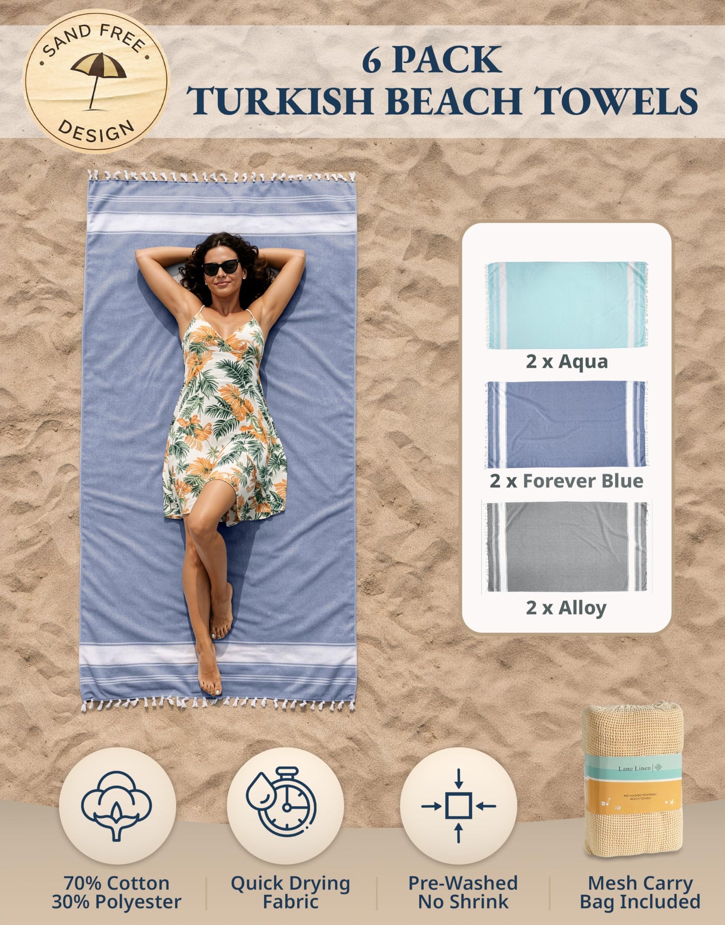 LANE LINEN 6 Pack Turkish Beach Towels, Oversized, 39"x71" - Tropical Color