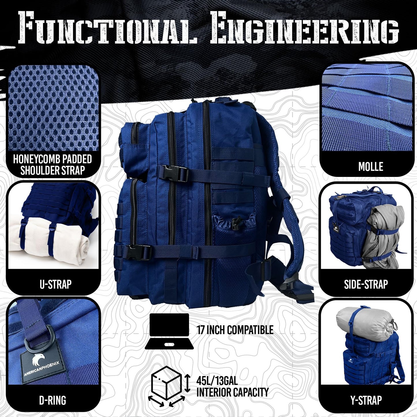 AMERICANPHOENIX 45L Elite Tactical Backpack | 3X Stronger Work & Military Backpack | Water Resistant and Heavy Duty | 3 Day MOLLE Bug Out Bag (Atlantic Blue)