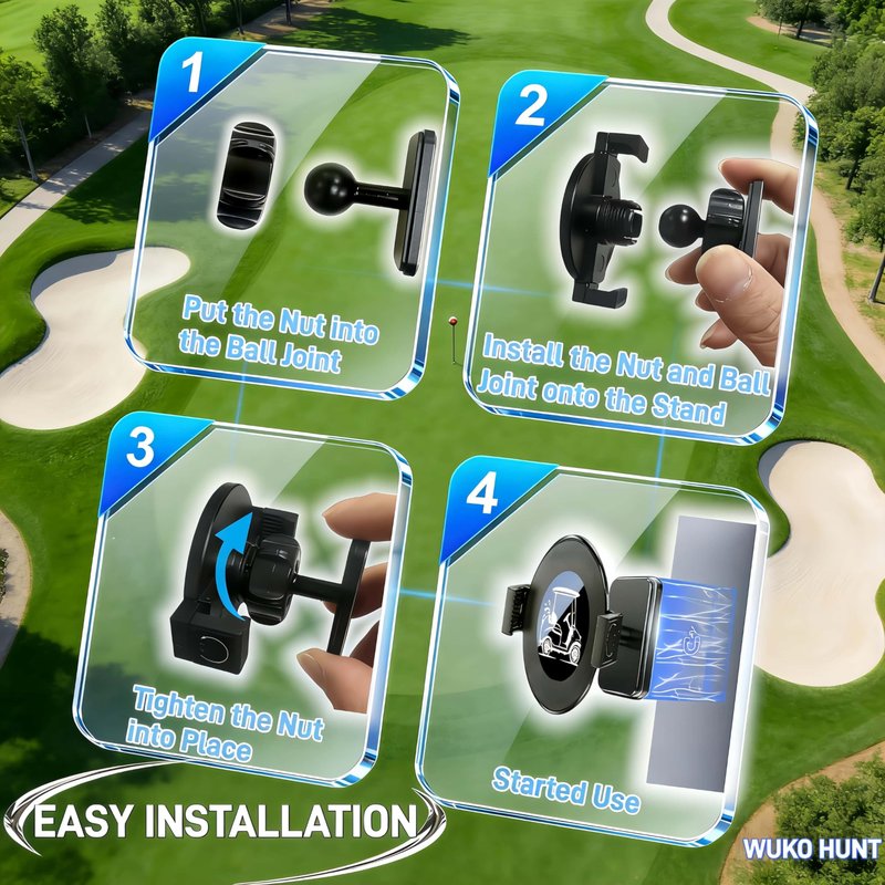 WUKO HUNT 2-in-1 Golf Cart Phone Holder, Magnetic + Back Clip Dual Protection, Fits EZGO, Club Car, Yamaha, Built-in Powerful Magnet, Compatible with iPhone & Android, 360° Rotation, Aluminum Mount