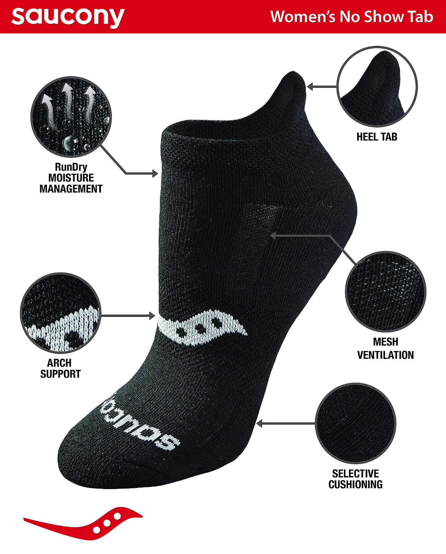 Saucony Women's RunDry Performance 8, 16 Pairs Heel Tab Athletic Socks, S-L, Black Solid (16 Pairs), Medium