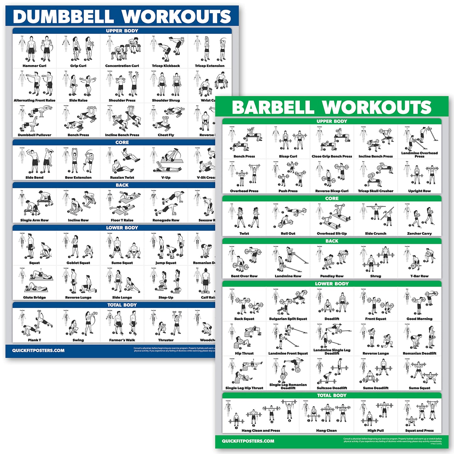 QUICKFIT Dumbbell Workouts and Barbell Exercise Poster Set - Laminated 2 Chart Set - Dumbbell Exercise Routine & Barbell Workouts (18" x 27")