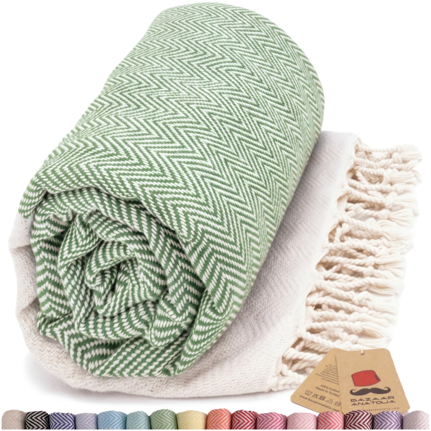 Bazaar Anatolia Beach Towel, 100% Cotton, 71x39 in, Herringbone Green