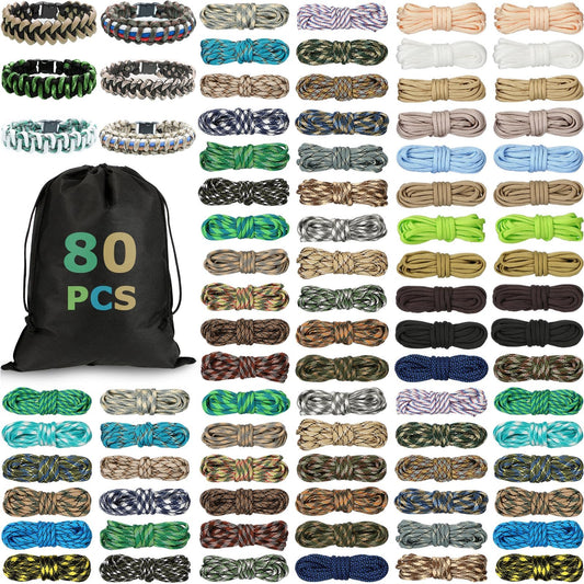 Riakrum 80 Pcs Paracord 550 10 Feet Paracord Cord Parachute Paracord Rope Multifunction Paracord Bracelets Making Kit with Drawstring Bag for Christmas DIY Making Lanyard Dog Collar Gift(Nature Color)