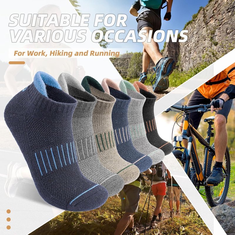 Merino Wool Ankle Hiking Running Socks - Breathable Compression Athletic No Show | 6 Pairs for Men & Women