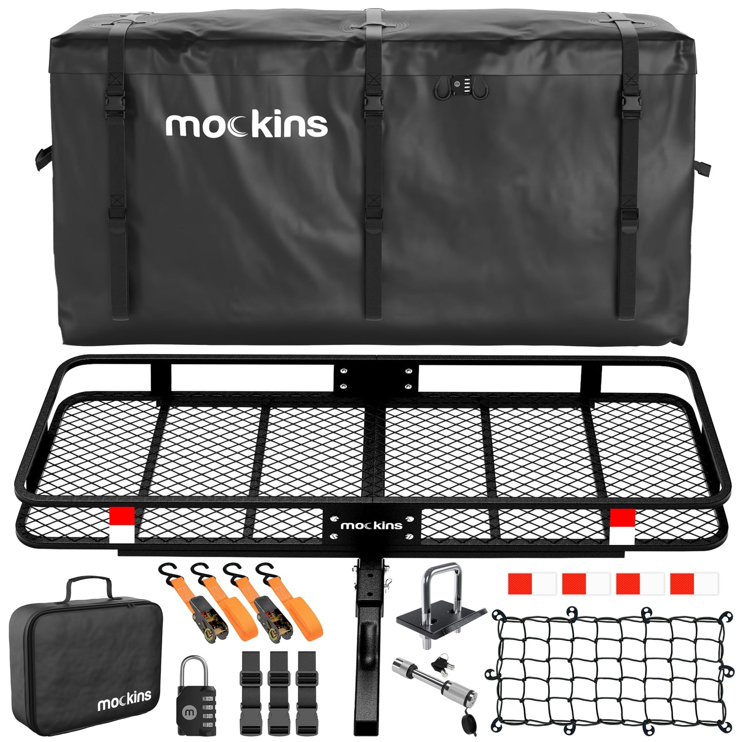 Mockins 60" x 24" x 6" XL Folding Cargo Carrier Hitch Mount 500lb Capacity Hitch Rack & 25 Cu Ft Soft Shell Waterproof Cargo Bag | Trailer Hitch Cargo Carrier | Hitch Mount Cargo Carrier Cargo Trailer